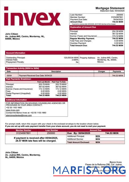 Downloadable Mexico Banco Invex mortgage statement Word and PDF template